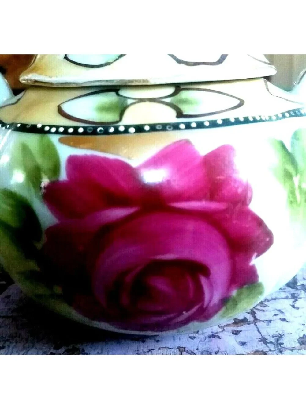 Japan Moriage Sugar Bowl lid Porcelain Double Handle Floral READ Flaw